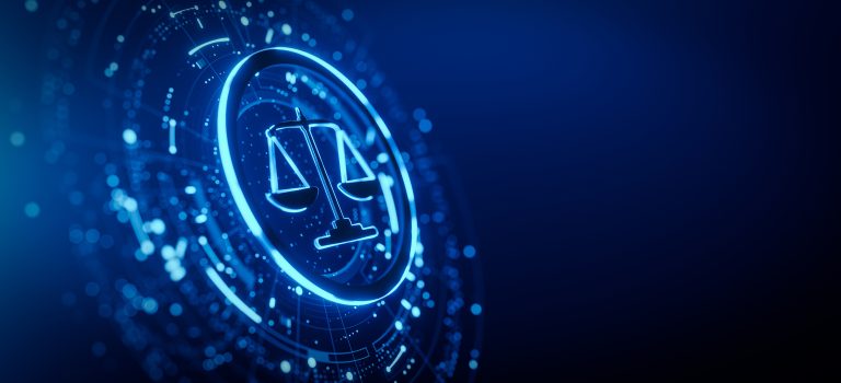 Símbolo de la justicia en un entorno digital, representando el Derecho Digital.