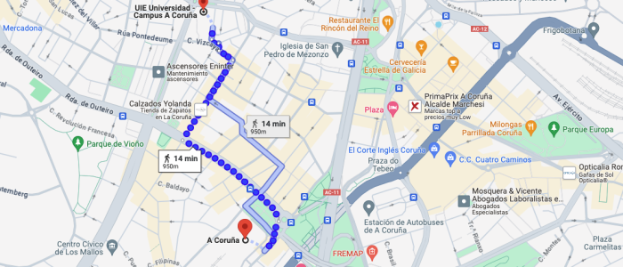 Mapa de cómo llegar al Campus de Coruña andando